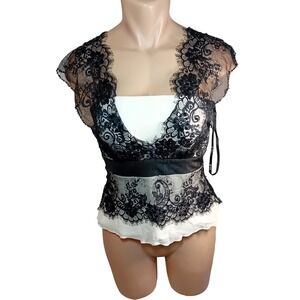 Vintage Y2K 90s Tadashi Silk Black Lace Corset Bustier Top Off Shoulders Glam 6